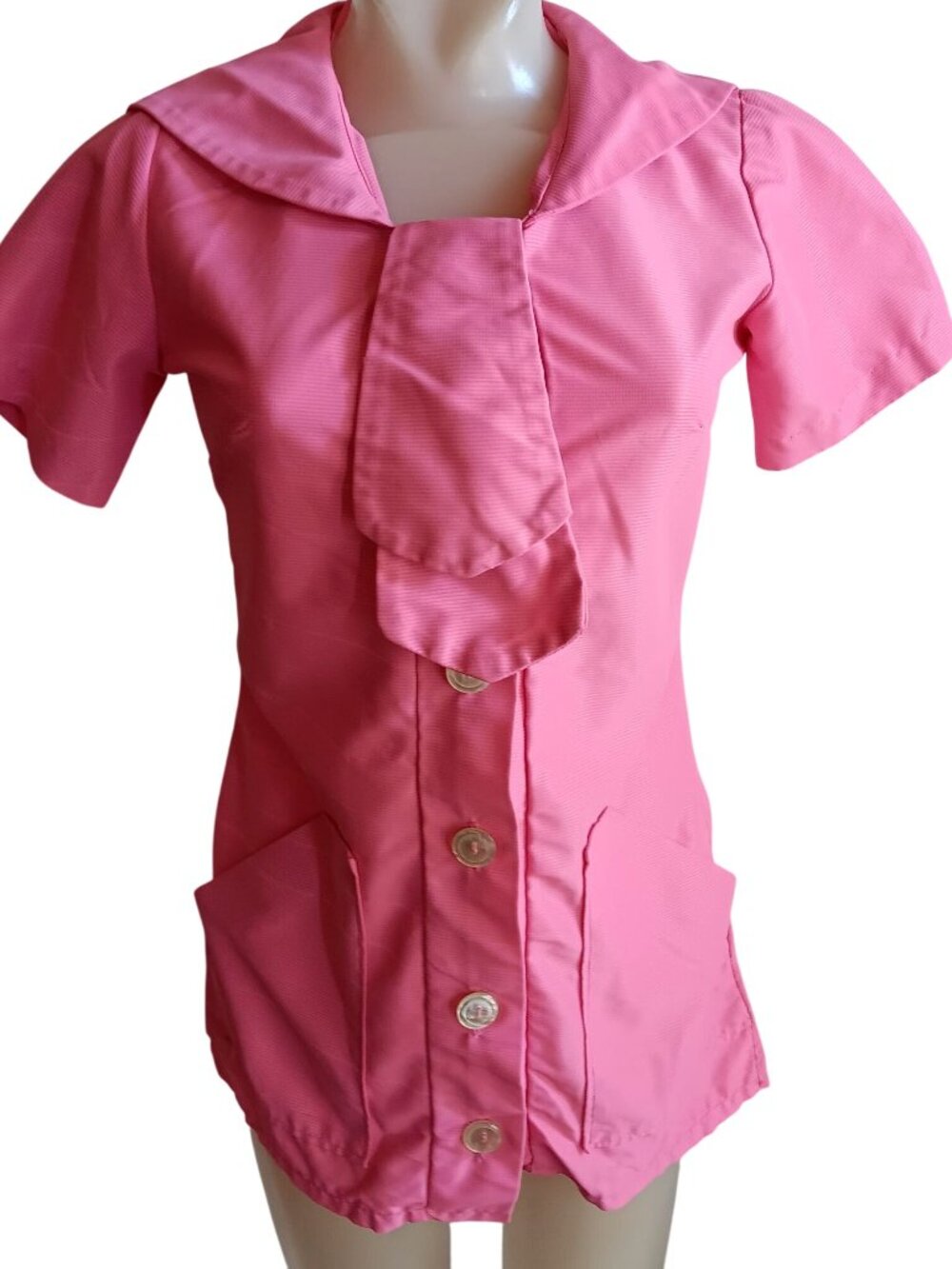 Mod Stewardess Tunic True Vintage Beautician Blouse Small Pink 1960's Acetate